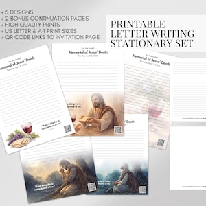 Pode incluir: Um conjunto de papelaria para escrita imprimível com páginas pautadas e imagens religiosas. O conjunto inclui vários designs, páginas de bónus e links de código QR. O texto nas páginas diz "Memorial of Jesus' Death".