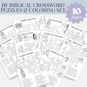Op de afbeelding: Een set van tien zwart-witte JW Bijbelse kruiswoordpuzzels en kleurplaten. Elke pagina heeft een ander thema, zoals "Toen het geloof ontbrak" en "Wonderen in de Bijbel". De set is ontworpen voor educatief en recreatief gebruik.