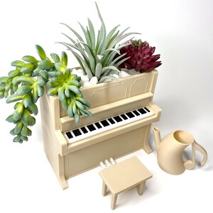 May include: A beige piano-shaped planter filled with succulents and small white stones. A matching stool and a watering can shaped like a musical note sit nearby. The piano has a black and white keyboard.