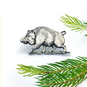 Patinated Silver Wild Boar Lapel Pin: Animal Spirit Tie Tack
