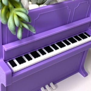 May include: A purple piano-shaped planter with a white keyboard and black keys. The planter is filled with green succulents and white pebbles. The design mimics a grand piano, offering a unique decorative touch for plant enthusiasts.