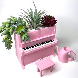 May include: A pink piano-shaped planter with a black and white keyboard, filled with green and burgundy succulents and white pebbles. A matching pink stool and a musical note-shaped watering can are next to the planter.