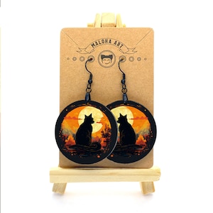 Black Cat Silhouette Earrings: Autumn Round Jewelry, Fall Accessories
