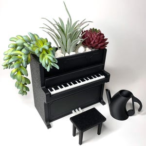 May include: A black miniature piano planter with a white keyboard, holding various succulents and plants. A small black stool and a black watering can shaped like a musical note are next to the piano.