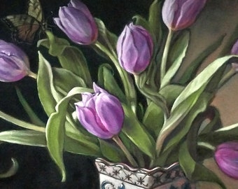 Original Floral Oil Painting, Purple Tulips, by Judith Mroski-Gonzalez