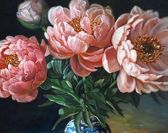 Original Floral Oil Painting, Peonies At Dawn, by Judith Mroski-Gonzalez