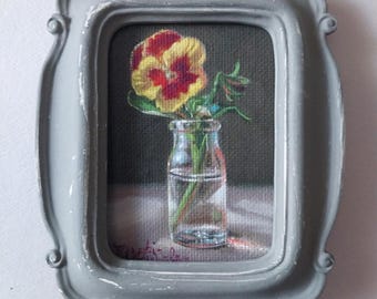Framed Pansy miniature oil painting, original signed floral still life art, by Judith Mroski-Gonzalez