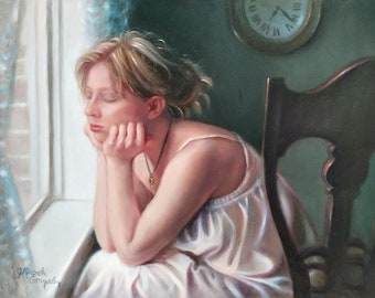 Original Figurative Oil Painting, Waiting, by Judith Mroski-Gonzalez