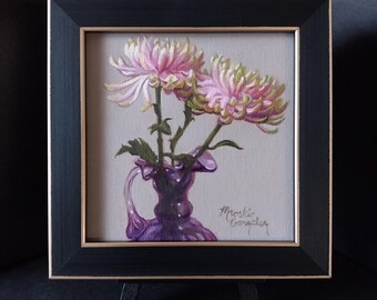 Original Mini Oil Painting, 4x4 Framed Mums In A Purple Vase, by Judith Mroski-Gonzalez