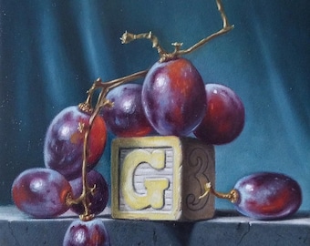 Original miniature still life oil painting (5x5), G is for Grapes, unframed, by George A. Gonzalez