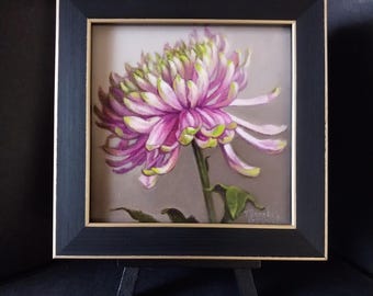 Original Mini Oil Painting, 4x4 Framed Chrysanthemum Profile, by Judith Mroski-Gonzalez