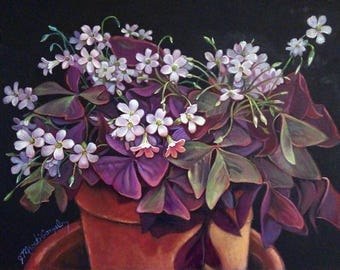 Original Floral Oil Painting, Purple Shamrock, oil/canvas, 18" x 24", by Judith Mroski-Gonzalez