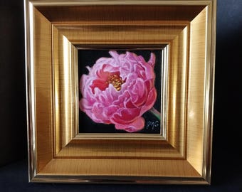 Framed Pink Peony Oil Painting, 3x3 Original Art by Judith Mroski-Gonzalez