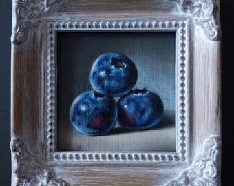 Original Mini Oil Painting Blueberries, Framed Still Life Art by George A. Gonzalez (3x3)