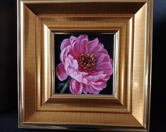 Framed pink peony miniature oil painting, Unfurled original signed Judith Mroski-Gonzalez art