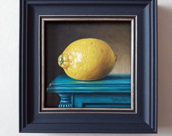Original Lemon Oil Painting, Framed Still Life, 4x4 Canvas Art by George A. Gonzalez