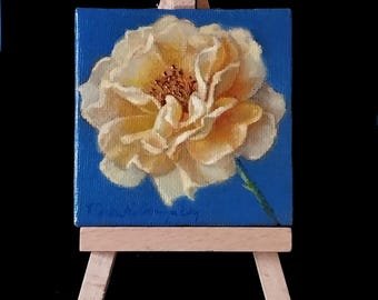Yellow Rose miniature oil painting, original signed Judith Mroski Gonzalez unframed canvas board art