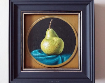Original Signed Oil Painting, Framed Pear Still Life, Miniature Art (4x4)