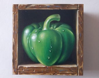 Trompe L'oeil Green Pepper Box Painting, 5x5 Oil Art by George A. Gonzalez