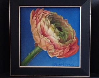 Framed original miniature oil painting, Ranunculus In Profile by Judith Mroski-Gonzalez