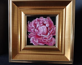Framed Miniature Oil Painting, Pink Ruffled Peony, Signed by Judith Mroski-Gonzalez
