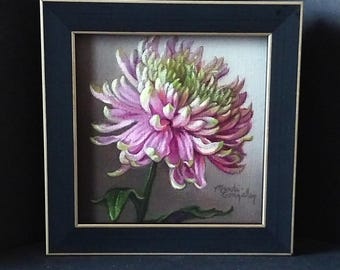 Original Mini Oil Painting, 4x4 Framed Portrait of Chrysanthemum, by Judith Mroski-Gonzalez
