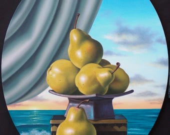 Original Oil Painting on Oval Canvas, Pears On A Pedestal, by George A. Gonzalez