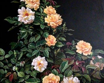 Original Floral Oil Painting on Square Canvas, Cascading Roses, by Judith Mroski-Gonzalez