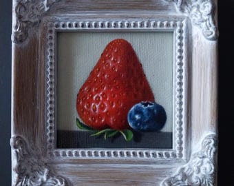 Original Fruit Painting, Strawberry Blueberry Still Life, 3x3 Mini Canvas Art (Framed)