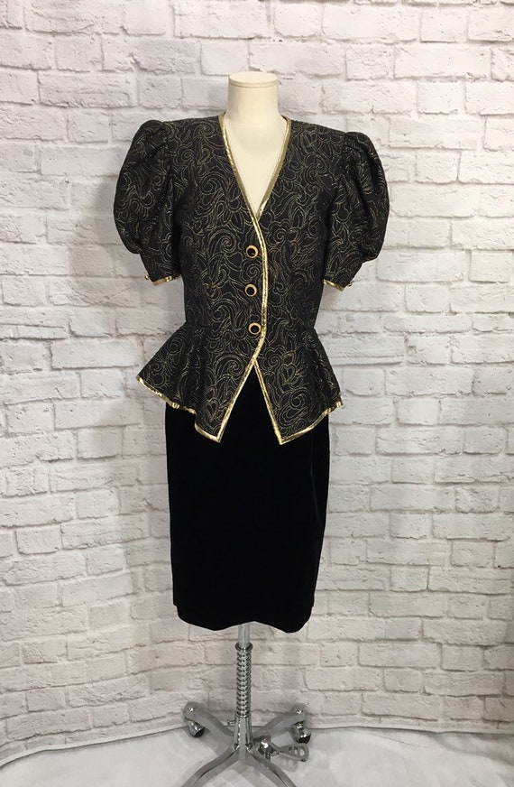 AJ Bari Black Velvet and Gold Suit