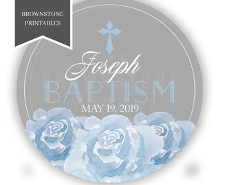 Baptism Stickers, Favor Label, Baby Dedication Stickers, Boy Baptism Labels, Christening Favor Tag, Baptism Labels, God Bless, Blue Floral