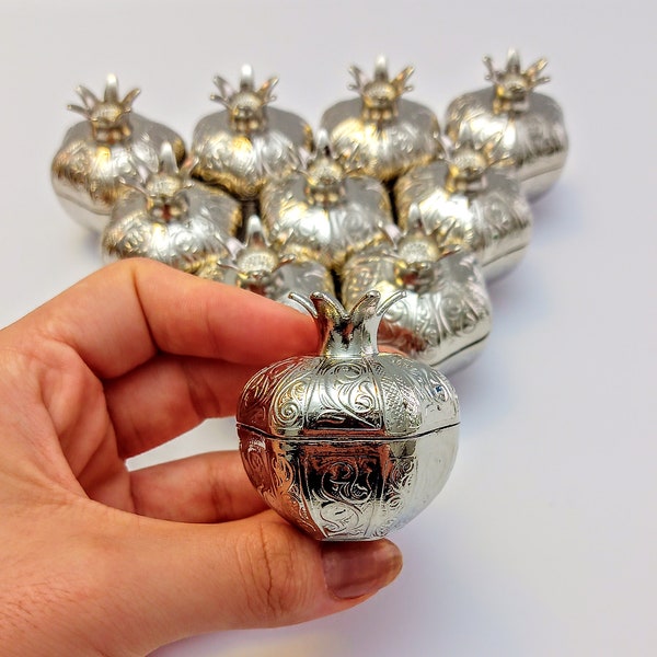 Silver Pomegranate boxes| Trinket boxes| Unique wedding favors| Rustic wedding decor | mementos box | Candy favor box | Engagement favor box