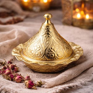 Op de afbeelding: Een goudkleurige, sierlijke kom met deksel en ingewikkelde bloempatronen. De kom staat op een beige doek, met gedroogde rozenknoppen in de buurt. De achtergrond omvat zachte verlichting en een decoratieve lantaarn.