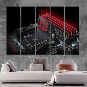 Peut inclure: Impression sur toile en plusieurs panneaux d'une carte mère d'ordinateur noire avec des accents rouges. La carte mère présente divers composants, dont un socket CPU et des emplacements RAM. Les modules RAM ont une lueur rouge. Le fond est noir.