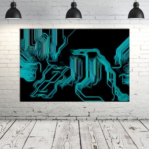 May include: A large rectangular canvas print featuring a glowing teal circuit board design against a black background. The artwork is mounted on a white brick wall, illuminated by three black pendant lights.