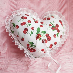 shabby chic, lolita, cherry,fruit print heart pillow