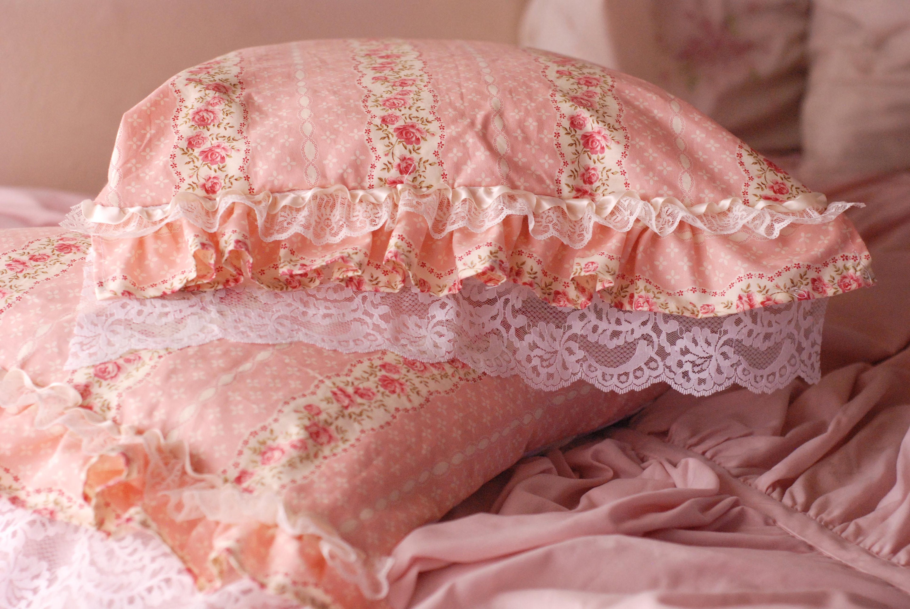 Double sided ruffled satin/lace pillow cases Etsy