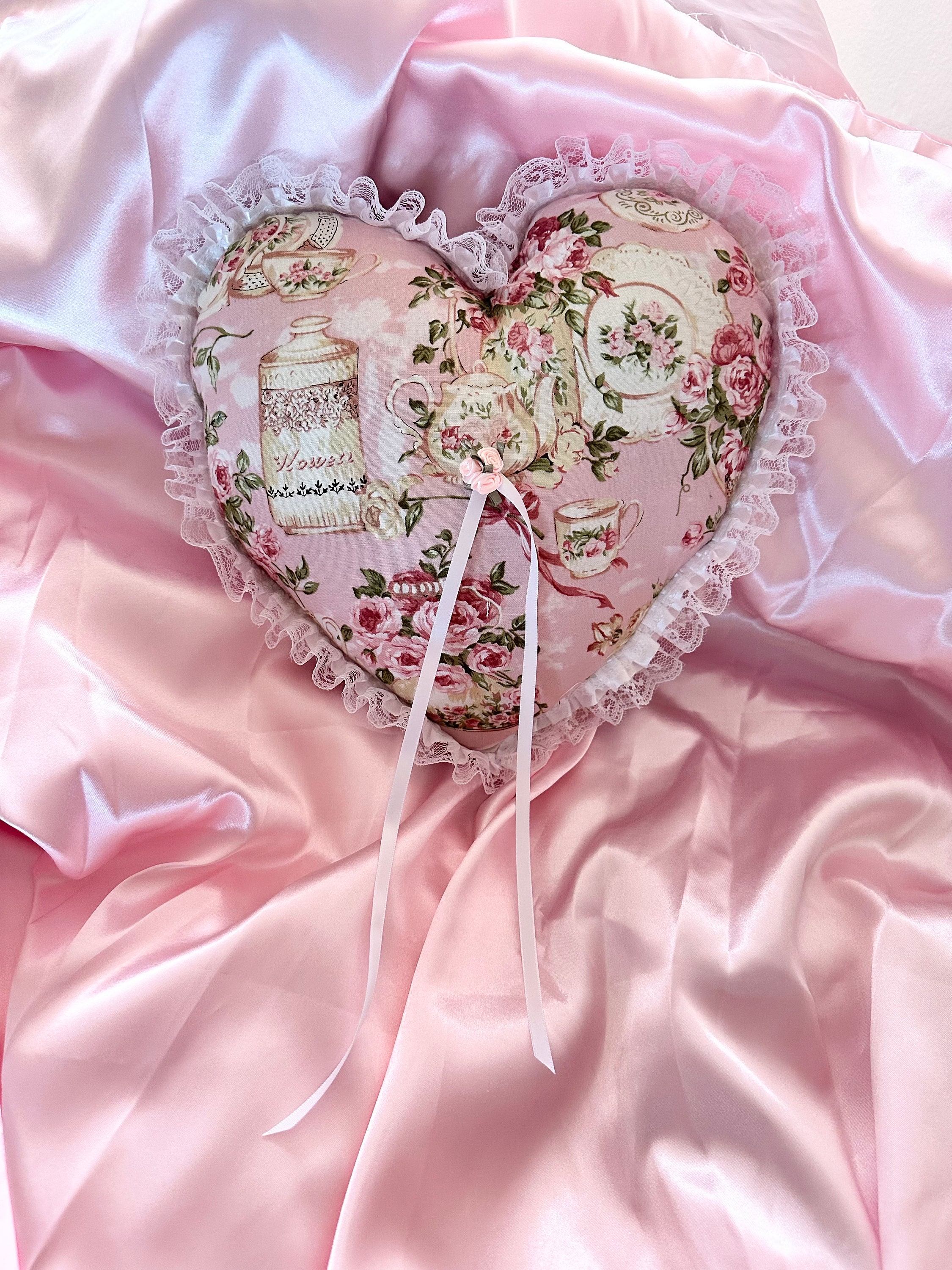 Pink Floral Tea Shabby Chic Heart Pillow - Etsy