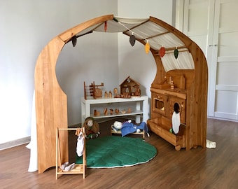 Waldorf Playstand, Wooden playhouse, Two stands and two canopies, Shelves for the children's room