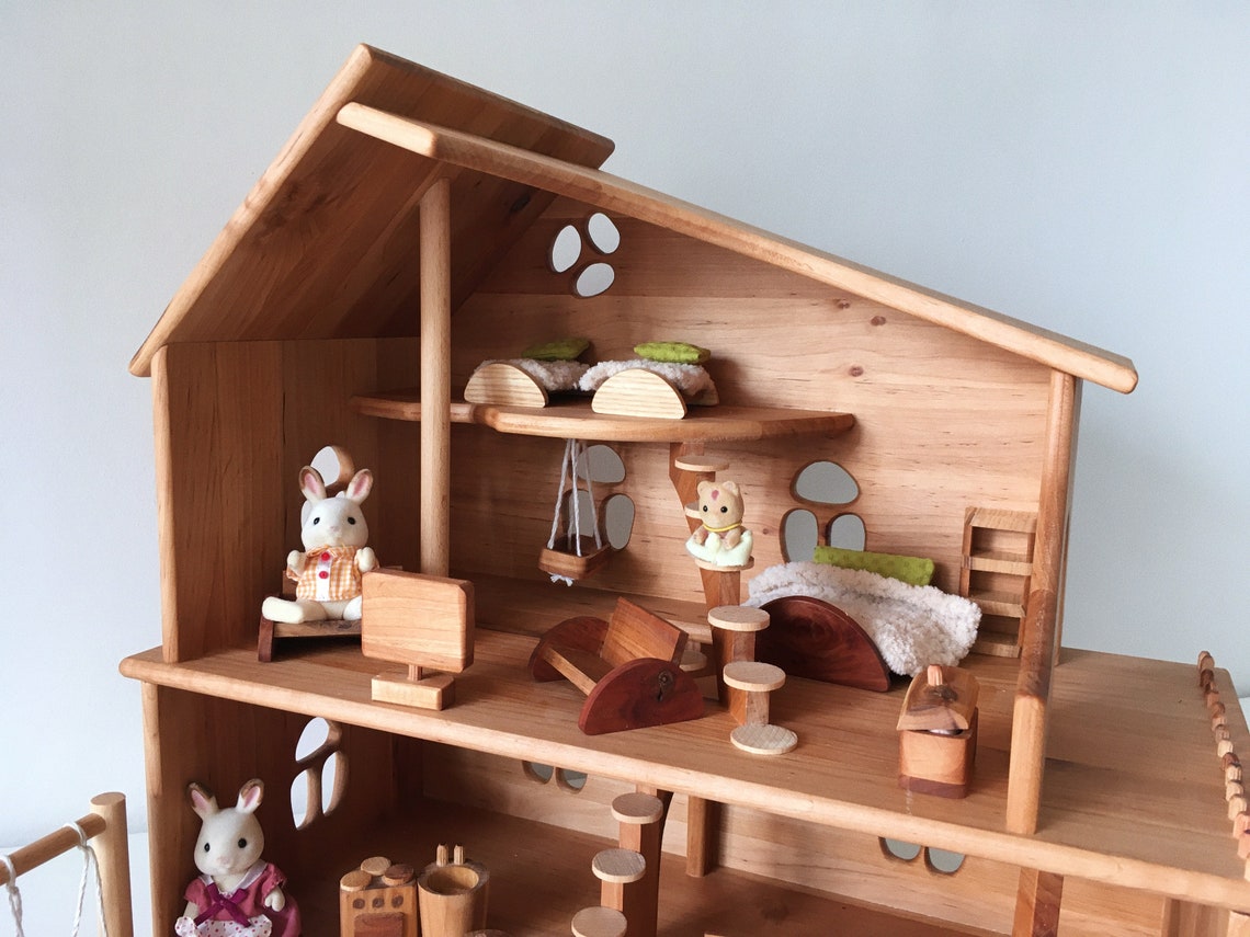 Threestory Wooden Dollhouse With Garden Furniture and Swings Etsy