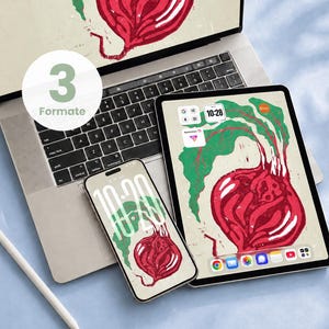 Könnte beinhalten: Ein silberner Laptop, ein Tablet und ein Smartphone mit einer digitalen Illustration einer roten Bete mit grünen Blättern auf cremefarbenem Hintergrund. Ein weißer Eingabestift liegt daneben. Ein kreisförmiges Abzeichen mit der Zahl 3 und dem Text Formate.