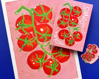 Gift set “Tomatotally Amazing” – 3 x Tomato: Art print A4, postcard A6 & sticker | For tomato fans