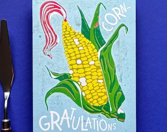 Corn congratulations | Postcard with corn | Hand-illustrated linocut motif