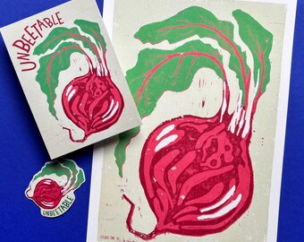 Gift set “Unbeetable” – 3 x Beetroot: Art print A4, postcard A6 & sticker | For beetroot fans