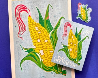 "Corngratulations" Gift Set – 3 x Corn: A4 Art Print, A6 Postcard & Stickers | For Popcorn Fans