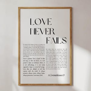 1 Corinthians 13 Wall Art Minimalist Love Never Fails-print (digitale download)