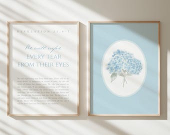 Revelation 21:4 He Will Wipe Every Tear Bible Verse Print Comforting Scripture Wall Art  Blue Hydrangea Wall Print Christian Decor