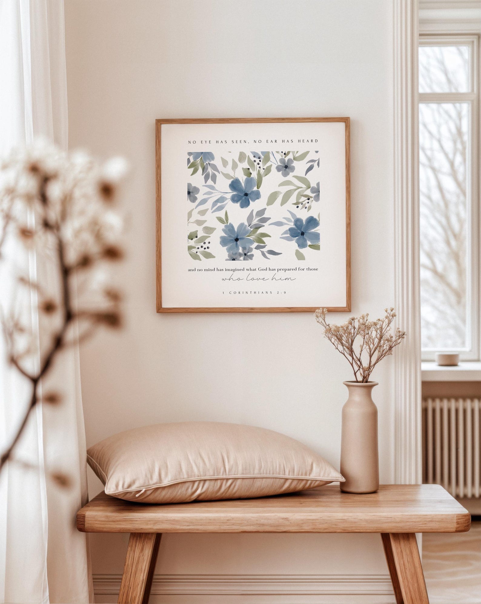 1 Corinthians 2:9 Minimalist Blue Floral Bible Verse Print Watercolor ...