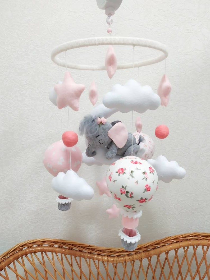Girl Baby Mobile Crib With Elephant Hot Air Balloon Mobile Bb Etsy