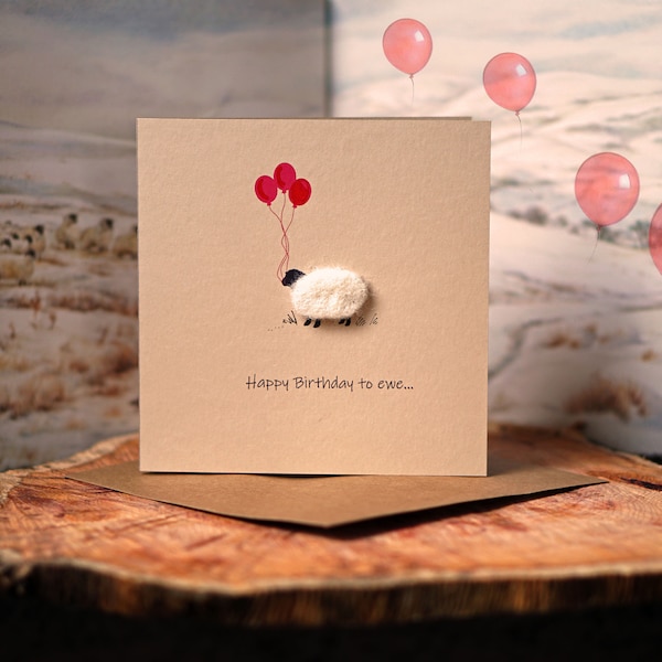 Tarjeta de cumpleaños de oveja de fieltro / Hecha a mano, personalizada